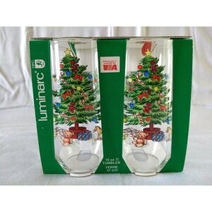 Luminarc Glass Tumblers 16oz NOEL Christmas Tree Holly‎ Vtg 90s Set of 4 NOS NEW
